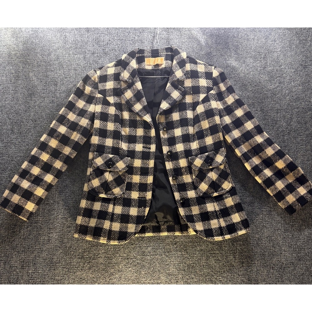 Pendleton Vintage Wool Blazer Jacket Black Cream Buffalo Check Plaid Size 10